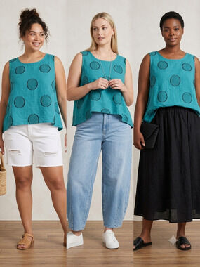 Chalet Et Ceci Linen Top Asymmetric Lagenlook USA Blue Black polka dot Circle-XL